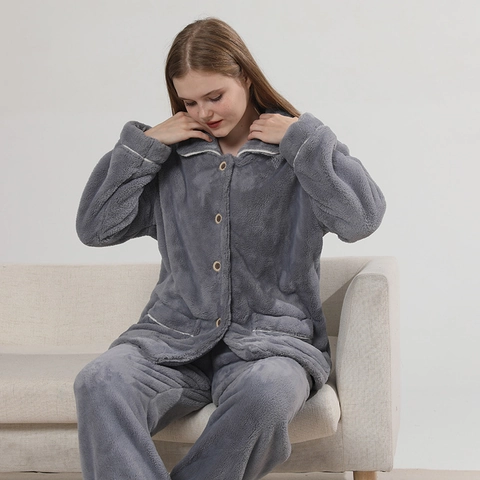 Pigiama da Donna in Flanella Spessa Caldo Pile di Corallo Abbigliamento per la Casa Top Con Bottoni e Pantaloni