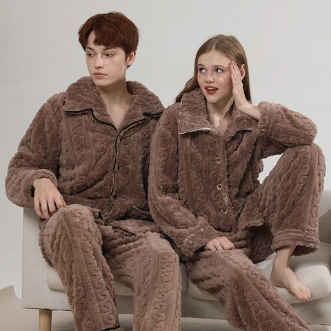 Conjunto de Pijama de Franela Gruesa para Parejas Invierno Cálido Suave Felpa Camiseta Y Pantalones Manga Larga Ropa de Dormir