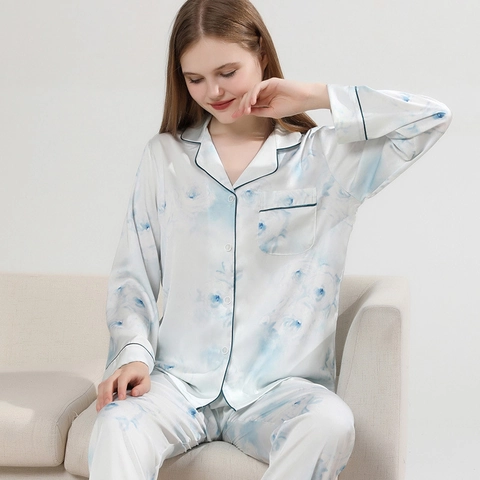 Women Luxurious Satin Pajamas Set Floral Printed Sleepwear Contrast Piping Loungewear Lapel Top And Bottom For Home