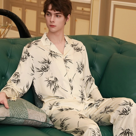 Set Pigiama da Uomo in Raso Manica Lunga con Bottoni Top e Pantaloni Motivo Pittura a Inchiostro Abbigliamento da Casa Stile Cinese