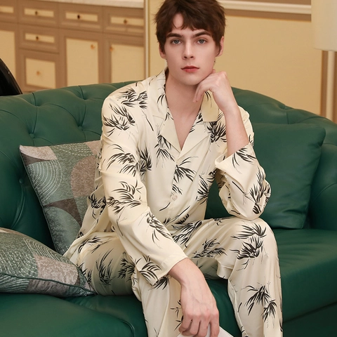 Set Pigiama da Uomo in Raso Manica Lunga con Bottoni Top e Pantaloni Motivo Pittura a Inchiostro Abbigliamento da Casa Stile Cinese