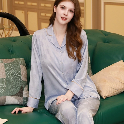 Conjunto de Pijama de Satén para Mujer Manga Larga Cuello Solapa Botones Ropa de Dormir Con Ribete Contraste Jacquard