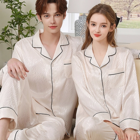Elegant Satin Couple Pajamas Set Long Sleeve Lapel Button Down Nightwear Silky Wave Pattern Loungewear For Men Women