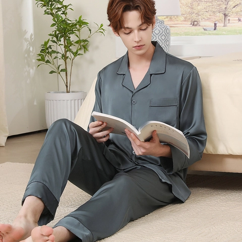 Set Pigiama da Uomo in Raso di Lusso Manica Lunga con Bottoni Indumenti da Notte con Pantaloni Lunghi Bordo a Contrasto Casa