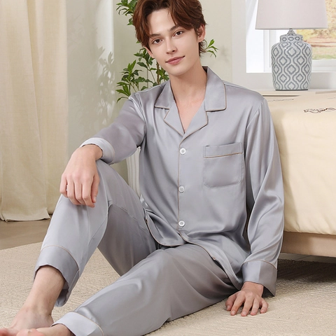 Set Pigiama da Uomo in Raso di Lusso Manica Lunga con Bottoni Indumenti da Notte con Pantaloni Lunghi Bordo a Contrasto Casa