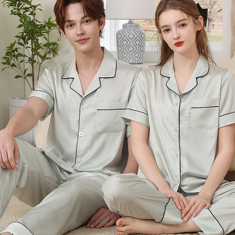 Couple Satin Pajama Set Short Sleeve Button Down Top And Long Pants Sleepwear For Men Women Contrast Piping Home Wear