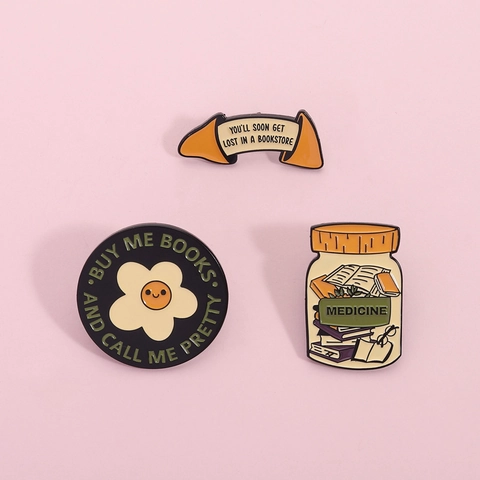 Bücherliebhaber Emaille Pin Brosche Zinklegierung Buchhandlung Blume Medizinflasche Glückskeks Lustiges Zitat Abzeichen Schmuck