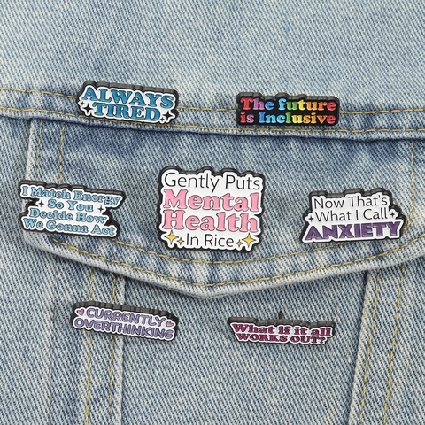 Cartoon Mental Health Enamel Pins Set Zinc Alloy Motivational Slogan Brooches Always Tired Anxiety Badge For Bag Clothes Jewelry