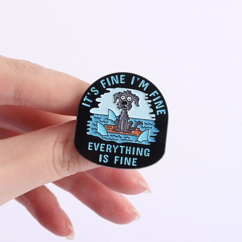 Everything Is Fine Funny Cartoon Dog Enamel Pin Brooch Humorous Shark Fin Alloy Badge For Backpack Clothing Accessory Gift