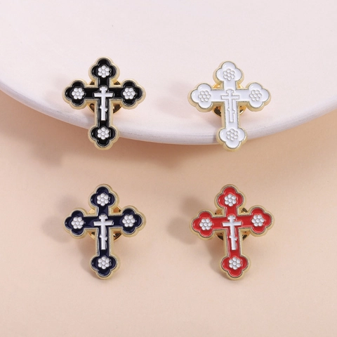 Spilla Croce Ortodossa Retrò in Smalto Distintivo Fiore Religioso Lega Placcata Oro Spilla da Bavero per Donna Uomo