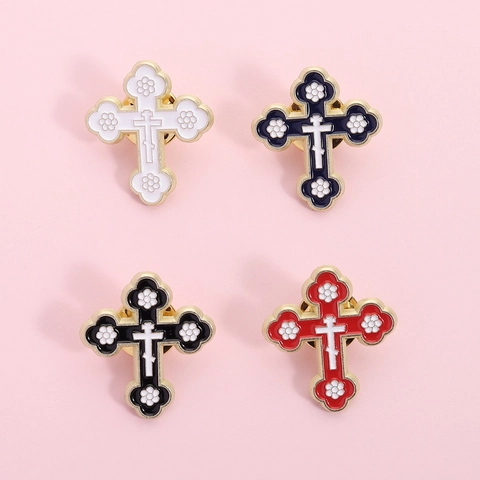 Spilla in Lega Smaltata a Forma di Croce Ortodossa Con Decorazione a Fiori Dorata Distintivo Metallico Gioielli Unisex