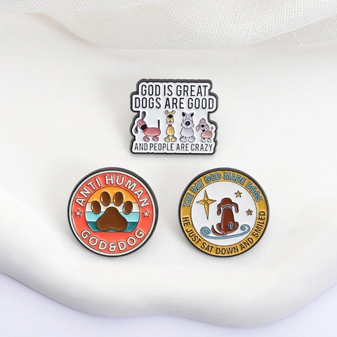 Enamel Pins For Dog Lovers Cute Animal Pet Paw Metal Badges God Is Great Dogs Are Good Funny Quotes Lapel Brooch Jewelry Gift
