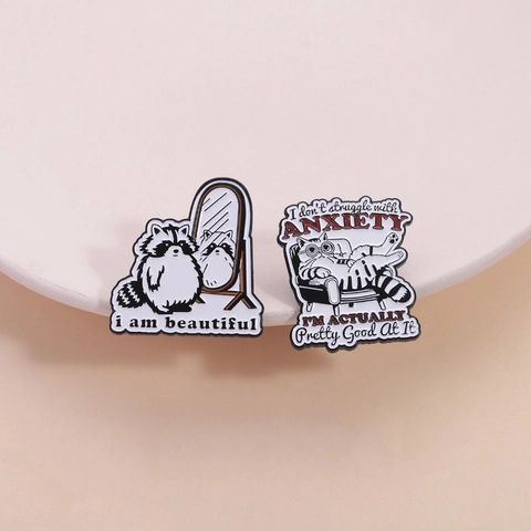 Cartoon Animal Raccoon Mirror Cat Sofa Enamel Pin Funny Slogan Zinc Alloy Brooch Fashion Commuter Lapel Badge Accessory