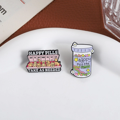 Pin de Esmalte de Perro de Dibujos Animados Happy Pills Botella Caja Insignia de Metal para Ropa Mochila Accesorios Joyería Regalo