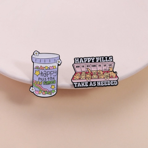 Pin de Esmalte de Perro de Dibujos Animados Happy Pills Botella Caja Insignia de Metal para Ropa Mochila Accesorios Joyería Regalo
