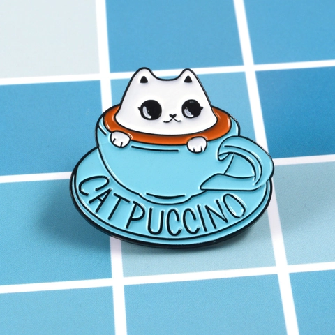 Broche de Esmalte Creativo Gato y Taza de Café Lindo Insignia de Animal Catpuccino de Aleación para Ropa y Mochila