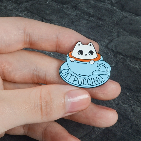 Broche de Esmalte Creativo Gato y Taza de Café Lindo Insignia de Animal Catpuccino de Aleación para Ropa y Mochila