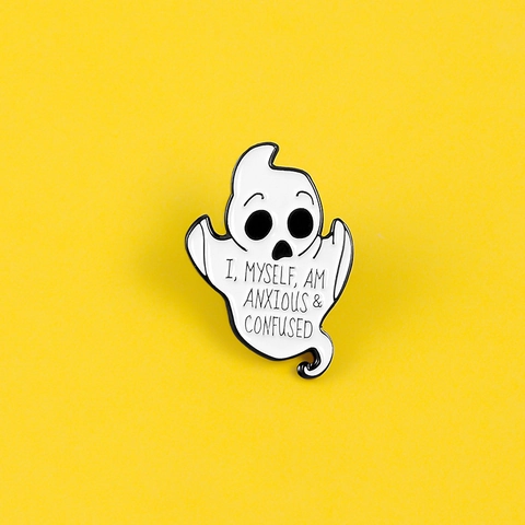 Funny Sarcastic Ghost Enamel Pin Brooch Zinc Alloy Cartoon Badge Anxious Confused Punk Style Jewelry Gift Men Women