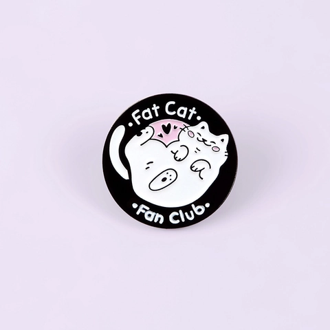 Broche de Aleación de Esmalte Redondo de Fat Cat Fan Club Lindo Gato Blanco Pin de Solapa para Ropa Mochila Joyería Regalo