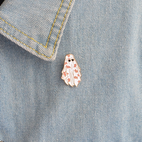 Pin de Esmalte de Fantasma de Dibujos Animados Con Gafas de Sol Patrón Floral Broche de Aleación para Mujeres Hombres Halloween Joyería