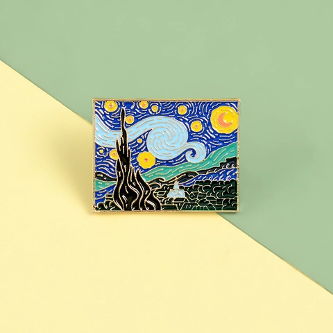 Van Gogh Sternennacht Ölgemälde Emaille Brosche Vintage Künstlerisch Rechteck Legierung Reversnadel Für Kleidung Taschen Zubehör Geschenk