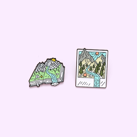 Landscape Enamel Brooch Pin Set Open Book And Polaroid Frame Mountains Forest River Badges For Backpack Outdoor Unisex Jewelry