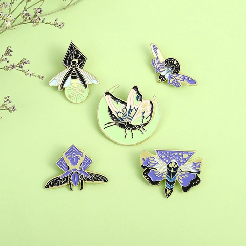 Luminous Enamel Moth Butterfly Moon Brooch Pin Celestial Insect Beetle Badge Jewelry For Women Men Clothing Backpack Decor