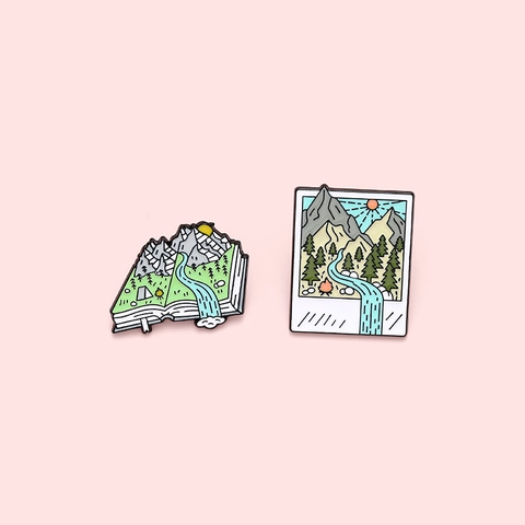 Landscape Enamel Brooch Pin Set Open Book And Polaroid Frame Mountains Forest River Badges For Backpack Outdoor Unisex Jewelry