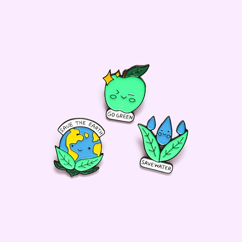 Cartoon Enamel Brooch Pin Save The Earth Go Green Water Drop Apple Shape Environmental Badge Alloy Pin For Clothing Bags