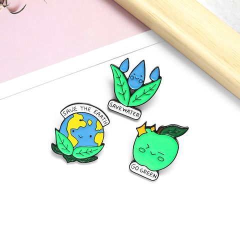Épinglette en Émail Écologique Save The Earth Water Go Green Broche en Alliage de Dessin Animé pour Sac à Dos Vêtements Bijoux Cadeau