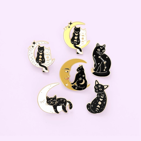 Celestial Black Cat And Moon Enamel Brooch Pin Set Moon Phases Stars Alloy Badges For Backpacks Clothing Accessories