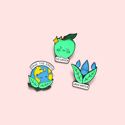 Cartoon Enamel Brooch Pin Save The Earth Go Green Water Drop Apple Shape Environmental Badge Alloy Pin For Clothing Bags