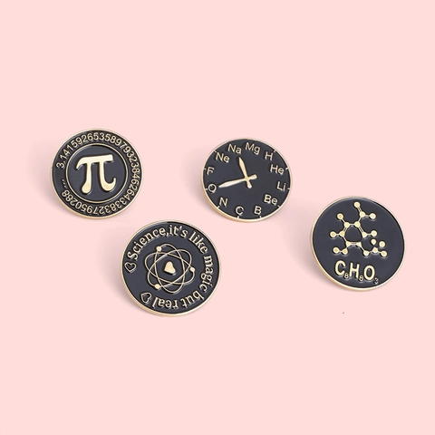 Round Alloy Enamel Brooch Pin Science Theme Math Pi Chemical Formula Atom Periodic Table Lapel Pin Jewelry Gift Unisex