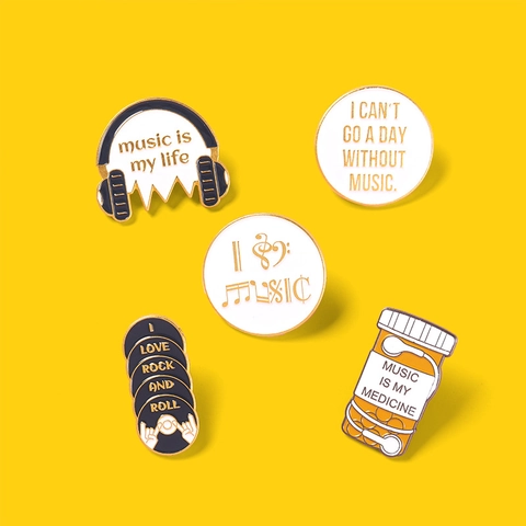 Creative Musical Enamel Brooch Pin Set Music Is My Life Headphones Vinyl Record Medicine Bottle Alloy Lapel Pin Jewelry