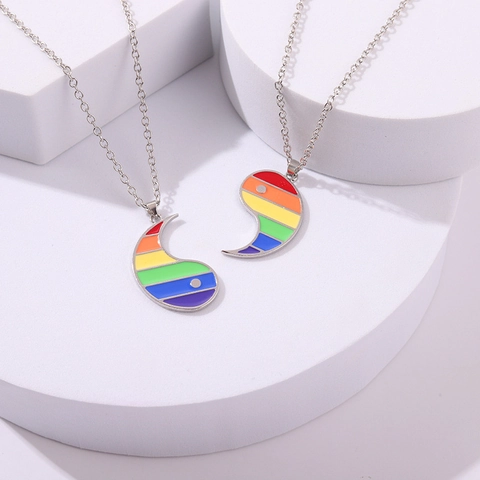 Creative Rainbow Tai Chi Yin Yang Splicing Pendant Necklace For Couples Friends Alloy Enamel LGBTQ Pride Jewelry Gift