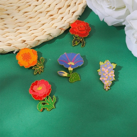 Vintage Enamel Flower Brooch Pin Alloy Floral Badge Rose Poppy Morning Glory Marigold Larkspur Clothing Jewelry Accessories Gift