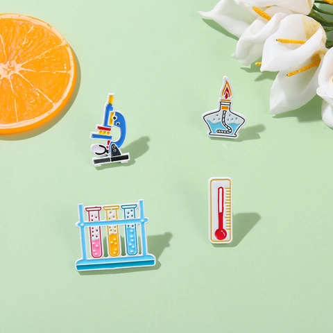 Science Chemistry Alloy Enamel Pin Microscope Alcohol Lamp Test Tube Shape Electroplated Brooch Badge Jewelry Unisex