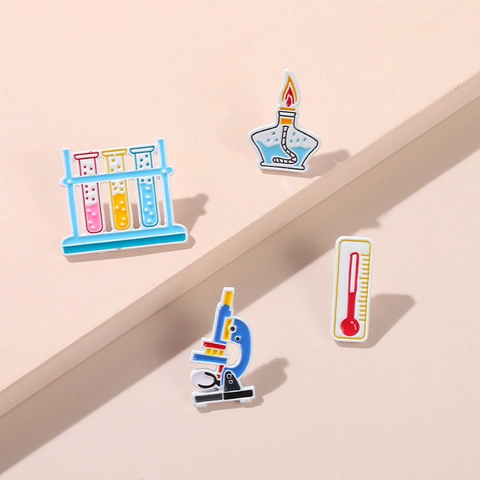 Cartoon Science Laboratory Enamel Pin Alloy Lacquered Microscope Thermometer Alcohol Lamp Test Tube Brooch Jewelry Gift