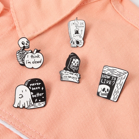 Gothic Skeleton Ghost Enamel Pin Black White Horror Reaper Brooch Sarcastic Quote Punk Metal Badge For Halloween Jewelry