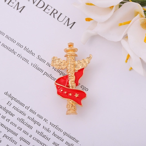 Vintage Alloy Huabiao Pillar Brooch Pin For Women Men Chinese National Style Gold Plated Red Enamel Star Badge Jewelry