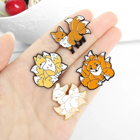 Vintage Legierung Emaille Neunschwänziger Fuchs Kitsune Brosche Anstecknadel Tier Abzeichen Schmuck Für Kleidung Tasche Dekor