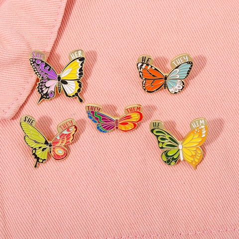 Creative Butterfly Enamel Pin Pronoun Badge Alloy Metal Brooch HE HIM SHE HER THEY THEM For Clothes Backpack Jewelry