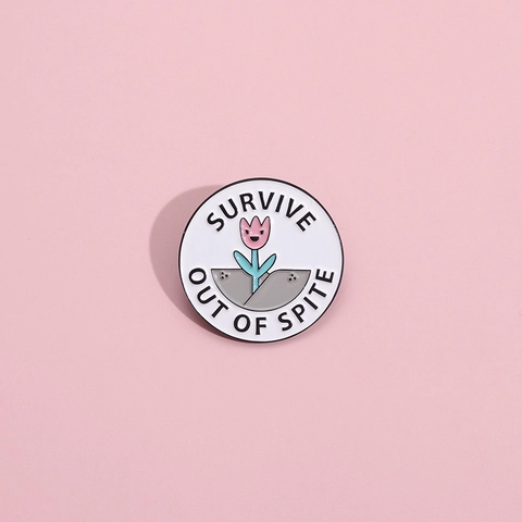 Survive Out Of Spite Round Alloy Enamel Brooch Pin Pink Tulip Illustration Badge For Clothing Bags Decoration Unisex Gift