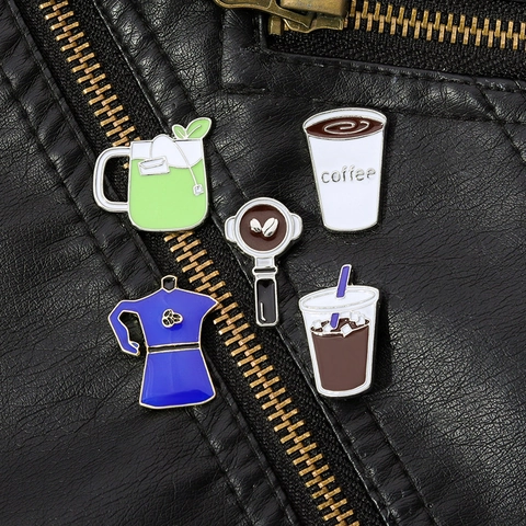 Cartoon Coffee Tea Drink Enamel Brooches Alloy Mocha Pot Cup Badges For Clothing Bags Fashion Jewelry Accessories Gift