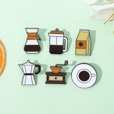 Cartoon Coffee Maker Enamel Pin Set Alloy Moka Pot French Press Coffee Cup Brooch For Clothing Backpack Badge Jewelry Gift