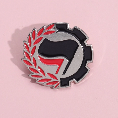 Metal Enamel Brooch Pin Round Geometric Badge With Red Laurel Wreath Black Red Flags Gear Design For Backpack Clothing Unisex Fashion Accessory