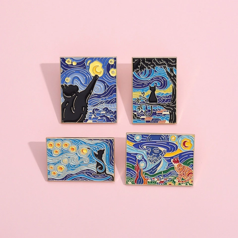 Broche de Esmalte Artístico Van Gogh Noche Estrellada Gato Insignia de Paisaje de Pintura al Óleo de Dibujos Animados para Ropa de Bolso Joyería Unisex