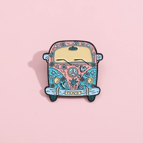Vintage Hippie Bus Enamel Pin Cartoon Pink Blue Floral Heart Peace Sign Alloy Brooch For Women Backpack Clothes Accessory