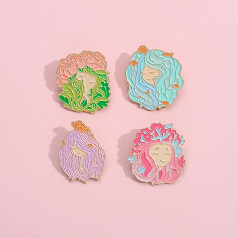 Artistieke Cartoon Meisje Emaille Broche Speld Legering Bloemen Zeeleven Vlinder Ontwerp Leuke Badge Voor Kleding Tassen