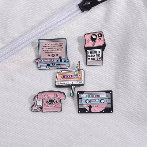 Retro Pink Alloy Enamel Pin Music Theme Cassette Record Player Polaroid Camera Rotary Phone Brooch Badge For Clothes Bag
